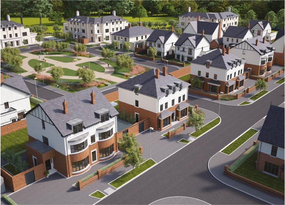 An overview of Harberton BT9 Bishops Row development in Belfast. A range of new build homes can be seen along with a communal garden in the centre of the development.