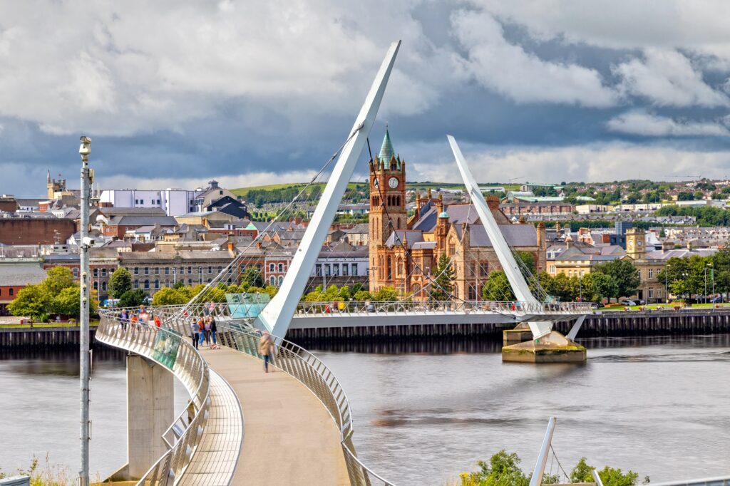 The Peace Bridge and city of Derry - Londonderry.