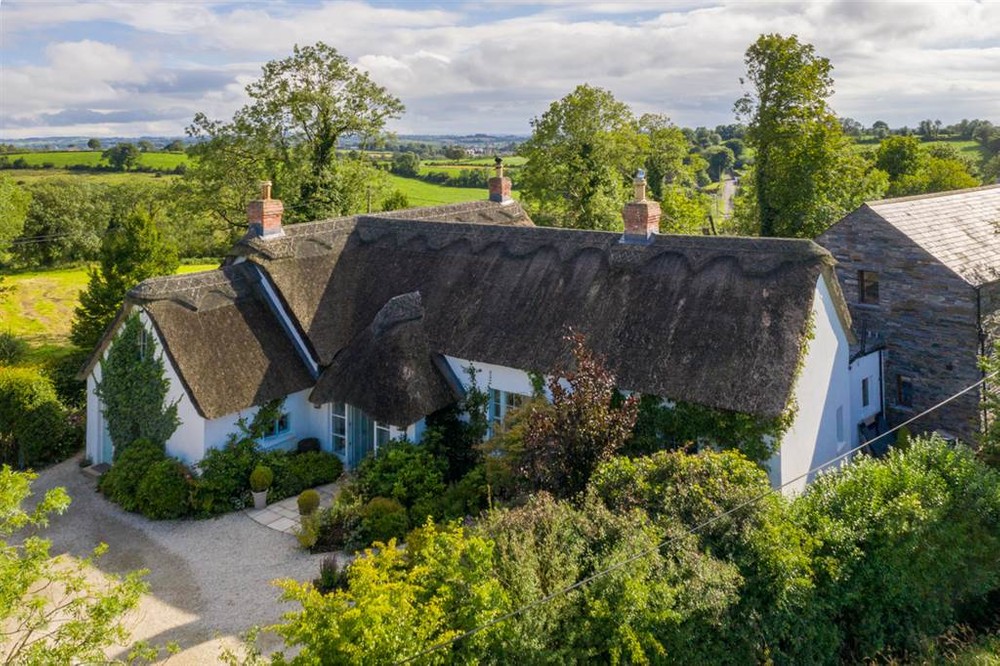 The exterior of 91 Milebush Road, a 4 bedroom house for sale in Dromore, County Down. This is a detached property with a thatched roof. Beautiful trees and shrubs can be seen in the garden, adding an element of privacy.