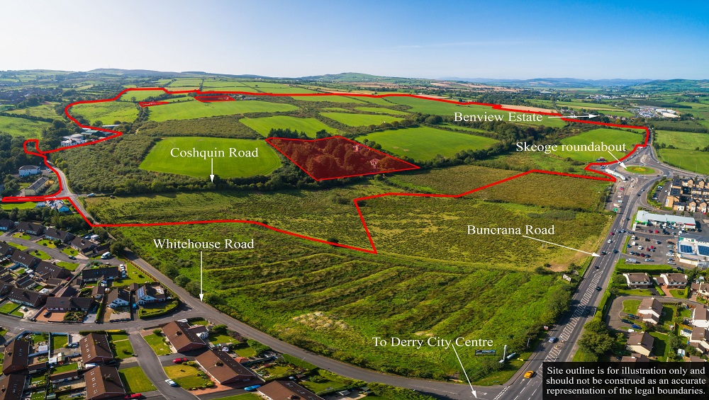 This aerial image highlights the proposed site for the new housing development by Braidwater Group